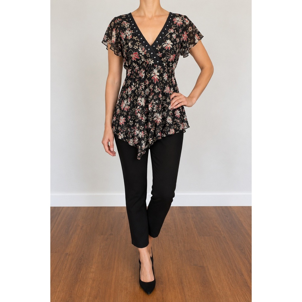 Notations Dark Floral Top Large Asymmetric Ruffle Empire Waist Babydoll Chiffon